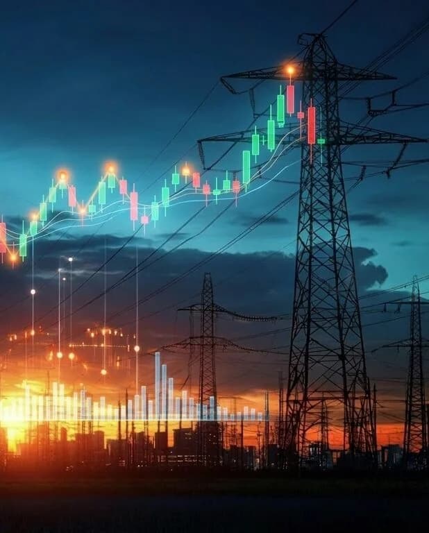 Transmission towers at dusk with a rising price chart overlaid
